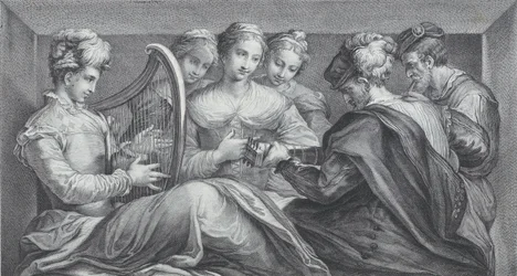 Een groep elegant geklede mensen die harp en gitaar spelen, 1740-68