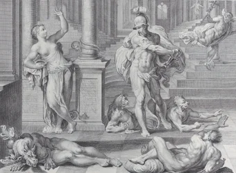 Plaat 10: Odysseus dwingt Circe om de menselijke vormen van zijn metgezellen te herstellen, 1756