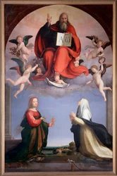 God houdt een boek met de Griekse letters Alpha en Omega