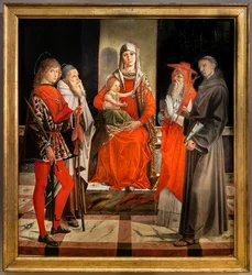 Enthroned Madonna met kind Jezus tussen Heiligen Ansanus, Antonius de Grote, Hiëronymus en Franciscus