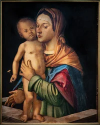 Madonna met kind Jezus staand op een balustrade, begin 16e eeuw