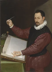 Portret van een schrijver in een rood wambuis en witte kraag