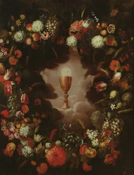 Kelk omringd door bloemen en vruchten