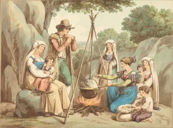 Een Boerenfamilie Kookt boven een Kampvuur