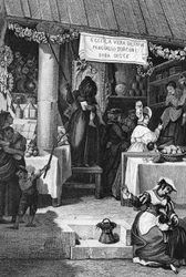 Befana (Italiaanse kerstheks), kraam met snoep en nougat op Piazza Navona tijdens Driekoningen, Rome, gravure door Bartolomeo Pinelli