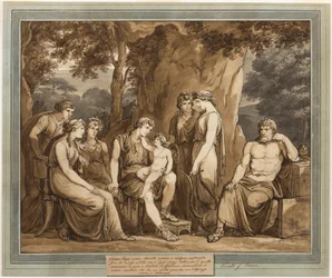 Calypso kijkt naar Telemachus met Cupido op zijn knie, terwijl Mentor boos toekijkt, uit De Avonturen van Telemachus, Boek 7