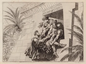 Cleopatra en haar metgezellen tillen de stervende Marcus Antonius in hun graf (ets)