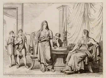 Cornelia, moeder van de Gracchi, toont haar zonen als haar juwelen (ets)