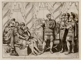 Lucius Aemilius Paullus Macedonicus wijst naar de verslagen koning Perseus van Macedonië