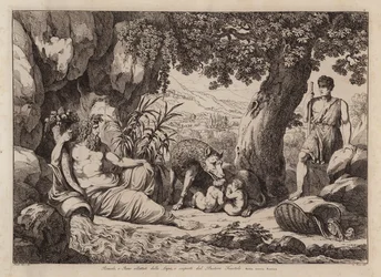 Romulus en Remus gezoogd door de wolvin en ontdekt door de herder Faustulus (ets)