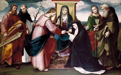 De mystieke bruiloft van Sint Catharina van Siena met Christus en de heiligen Johannes de Doper, Antonius Abt, Dominicus, koning David en de Maagd Maria