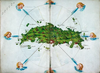Isolario, in verzen, met gekleurde tekeningen en een kaart van de oostelijke Middellandse Zee op perkament, c.1480
