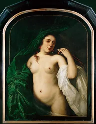 Naakte vrouw die een gordijn optilt (schilderij op doek)