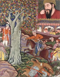 Mahlaj toont zijn vaardigheid aan Zumurrud Shah en jaagt een speer door een boom (Uit de Hamzanama)