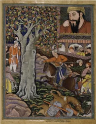 Mahlaj toont zijn vaardigheid aan Zumurrud Shah en jaagt een speer door een boom (Uit de Hamzanama, Deel 11)