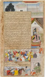 De Imam van Bagdad voor de Kalief gebracht op beschuldiging van ketterij uit de Tarikh-i-Alfi, ca. 1592