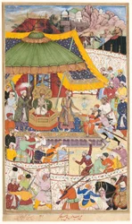 De jonge keizer Akbar arresteert de onbeschaamde sjah Abul-Maali, pagina uit een manuscript van de Akbarnama, ca. 1590-95 (dekkende aquarel en goud op papier)