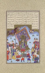 Afrasiyab op de Iraanse troon, Folio 105r uit de Shahnama Boek der Koningen, ca. 1525-30