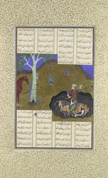 Rustam wreekt zijn eigen naderende dood, Folio 472r uit de Shahnama..., ca. 1525-30