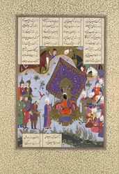 Rustam bedroefd voor Kai Kavus, Folio 146r uit het Shahnama Boek der Koningen..., ca. 1525-30
