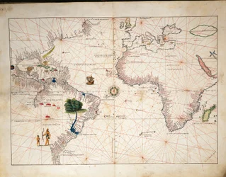 Afrika, Europa en deel van Amerika, uit Atlas van de Wereld in drieëndertig Kaarten, door Battista Agnese