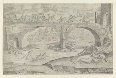 Venus en Amor in stadsgezicht met een brug