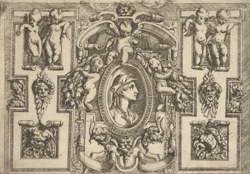 Buste van een vrouw in profiel naar rechts, geplaatst in een sierlijk kader met putti, ..., ca. 1540-80