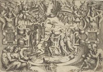 Vier vrouwen rondom een zittend figuur, een vogel boven hen, binnen een ingewikkeld ..., ca. 1540-80