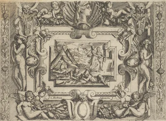 Judith en dienstmeid met het hoofd van Holofernes, binnen een uitgebreide lijst