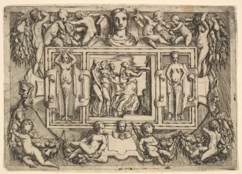 De Cumeaean sibyl loopt naar rechts en draagt een dienblad, gevolgd door drie vrouwen