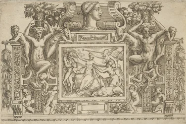 Zittende vrouw met uitgestrekte armen, personificatie van Faam met trompet rechts..., ca. 1540-80