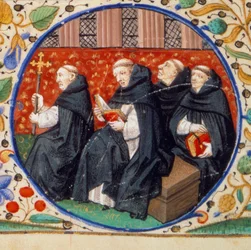 Scène van het kloosterleven. Detail van monniken van de Orde van Dominicanen