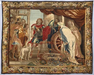 Koning Alexander de Grote snijdt de Gordiaanse knoop door. Wandtapijt gemaakt in de manufacturen van Brussel. 16e eeuw Genua, Musei di Strada Nuova