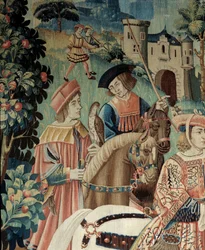 Middeleeuwen: vertrek te paard voor de valkenjacht. Detail van een zijden en wollen wandtapijt uit het begin van de 16e eeuw. Uit Henegouwen. Parijs, Nationaal Museum van de Middeleeuwen, Thermes de Cluny