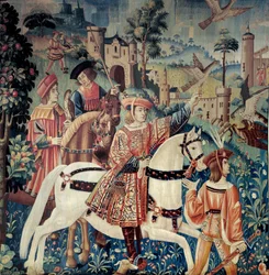 Middeleeuwen: het begin van de valkenjacht te paard. Zijde en wol wandtapijt uit het begin van de 16e eeuw. Uit Henegouwen. Parijs, Nationaal Museum van de Middeleeuwen, Thermes de Cluny
