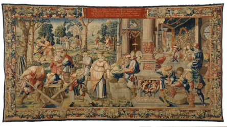 Wandtapijt, Verhaal van Laban, Jakob en Rachel, Genesis XXIX, gemaakt in Brussel, België, ca. 1530