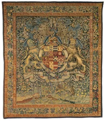 Verdure wandtapijt met de Wapens van Robert Dudley, Graaf van Leicester (een van een paar met 47.1), gemaakt in Vlaanderen, België, circa 1570-85