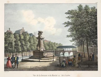 Uitzicht op de fontein en de graanmarkt in Leiden, ca. 1895