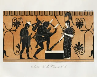 Scène van oude Griekse vaas met Heracles die lier speelt voor Athena met Hermes achter hem