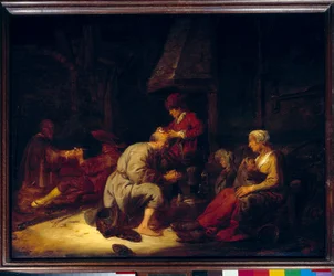 De operatie heeft een vergrootglas chirurg die een van zijn patiënten in het hoofd opereert