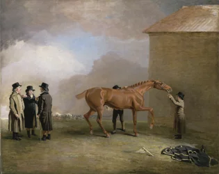 Muly Moloch, een kastanjebruine hengst die wordt afgedroogd op Newmarket Heath, met portretten van Trotter, Hardy en Thompson links (olie op doek)
