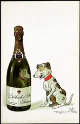 Kartonnen voor champagne Delbeck et Cie, Reims, illustratie door Benjamin Rabier (1864-1939), sd. begin 20e eeuw