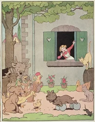 De boerderijdieren juichen over de verwarring van Grognard, illustratie voor 
