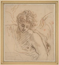 Een engel (pen en bruine inkt over zwart krijt op geschept papier)