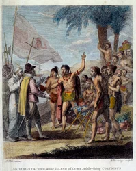 Een Indiase Cacique van het eiland Cuba verwelkomt Christoffel Columbus en Europese militaire en kerkelijke vertegenwoordigers om de oprichting van een nieuwe staat te bespreken