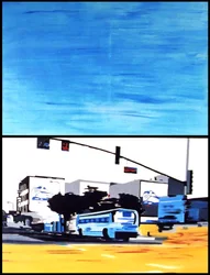 De blauwe bus roept ons, 2003 (olieverf op 2 naast elkaar geplaatste doeken)