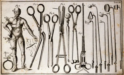 Verschillende soorten tangen en chirurgische instrumenten. Een man draagt verschillende soorten tourniquets en verbanden. Plaat van chirurgie geïllustreerd door Benoist Louis Prevost (1735-1809). 18e eeuw