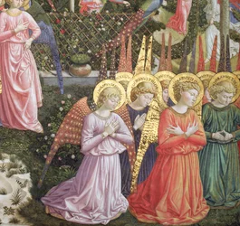 Engelen in een hemels landschap, de linkerwand van de apsis, uit de cyclus van de Reis van de Wijzen in de kapel c.1460 (detail)