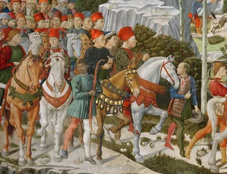 Galeazzo Maria Sforza, Hertog van Milaan (1444-76), uiterst links, op een bruin paard en Sigismondo Pandolfo Malatesta, heerser van Rimini (1417-68) naast hem op een grijs paard, (detail)