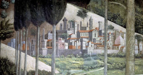 Middeleeuwse stad, detail uit de Reis van de Wijzen-cyclus in de kapel, ca. 1460 (fresco)